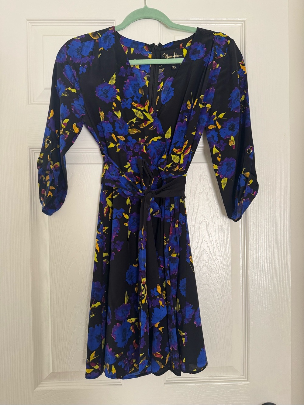 Yumi Kim Black Wrap Dress with Bold Blue & Yellow Floral Print